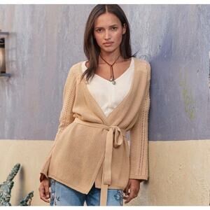 Sundance Lyra Wrap Belted
Cardigan Crochet Linen Cotton
Tan Boho Bell Sleeve M